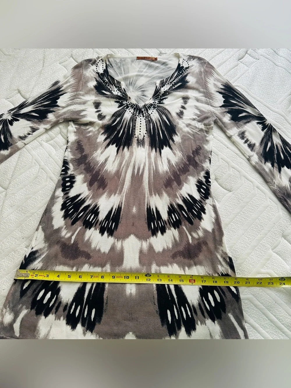 Belldini Long Sleeve Tie-Dye Tunic Top - Black & Brown & White